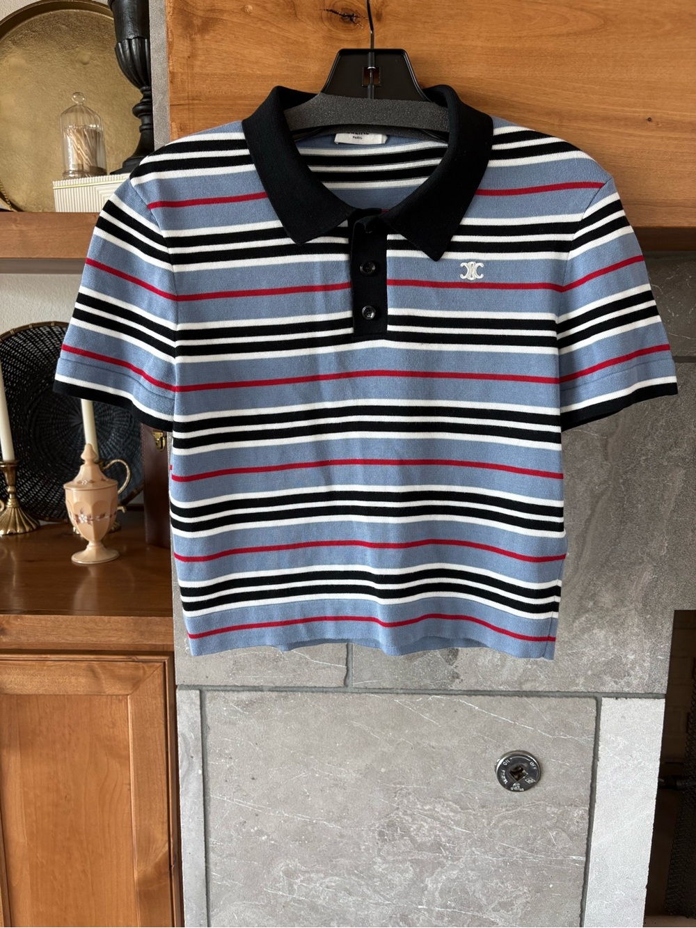 Celine Blue, Black, White & Red Striped Knit Polo